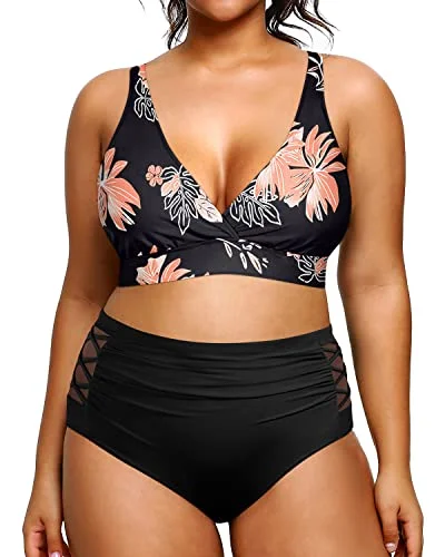 Fashion For Every Occasion Women's Plus Size Bikini Two Piece Swimsuits Tummy Control Swimwear-Black Orange Floral