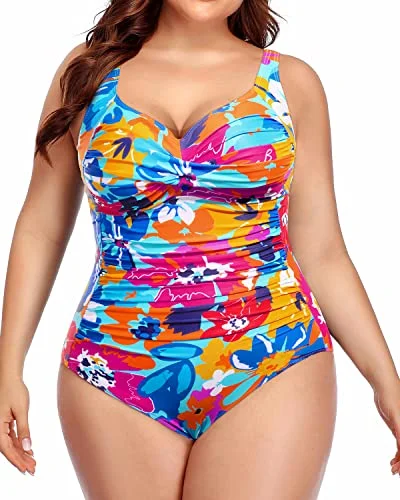 Essentials On Sale Plus Size Twist Front Ruched One Piece Swimsuits Women's Tummy Control Bathing Suits