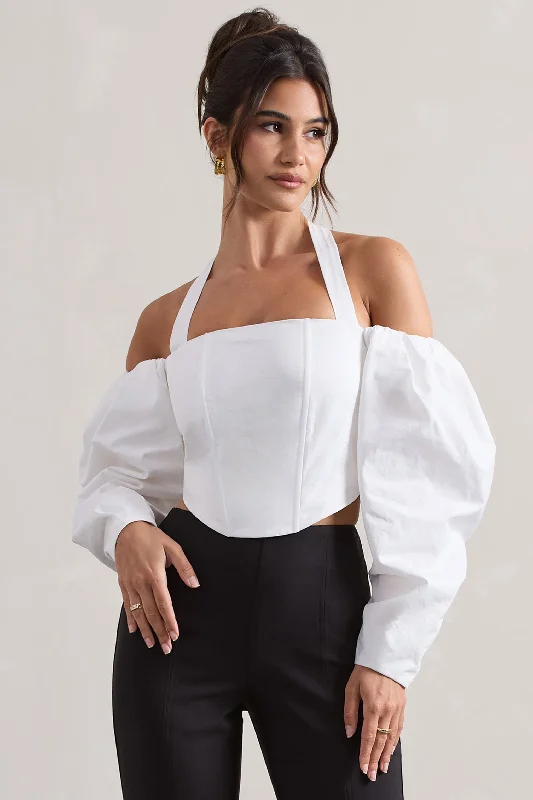 Sophisticated Fashion Theatric | Ivory Halter-Neck Corset Top With Puff-Sleeves