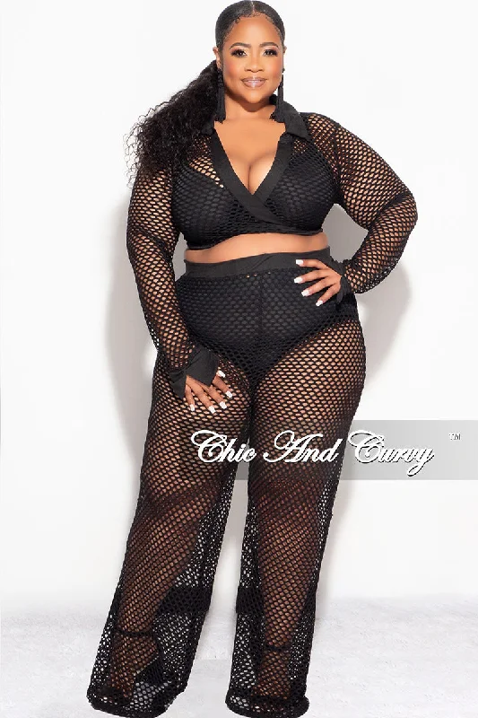 Trendy Attire For Her Final Sale Plus Size 2pc Fishnet Faux Wrap Tie Top and Pants Set in Black