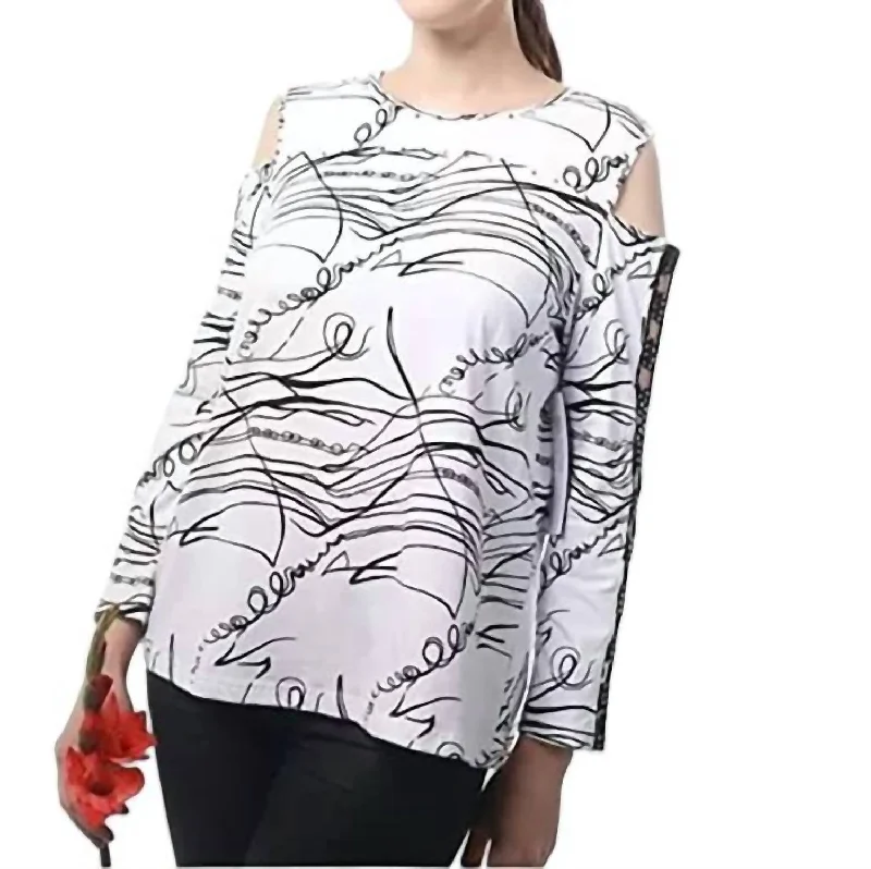 Best Sellers Squiggles Cold Shoulder Top In White/black