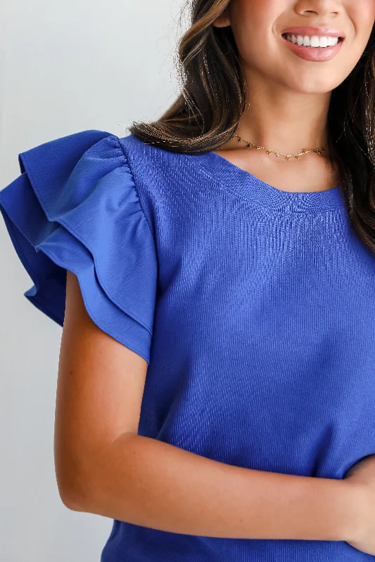 Chic Style FINAL SALE - Intentionally Breezy Royal Blue Ruffle Sleeve Blouse