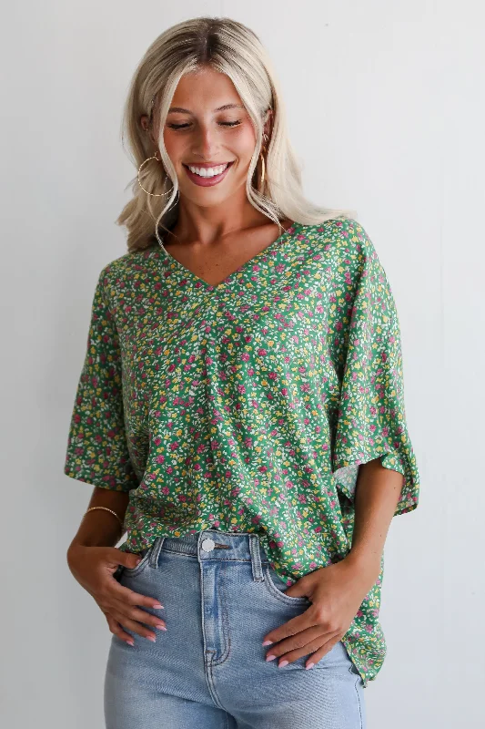 Holiday Sale FINAL SALE - Perfect Whimsy Green Floral Oversized Blouse