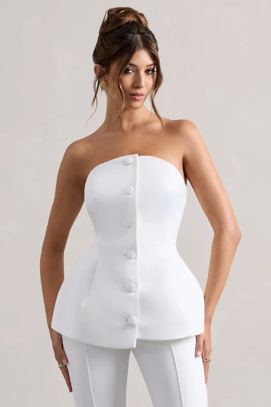 Imeless Style Century | Cream Satin Strapless Button Front Corset Top