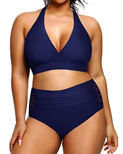 Gift Ideas V Neck Two Piece Plus Size Halter Bikini Swimsuits For Tummy Control-Navy Blue