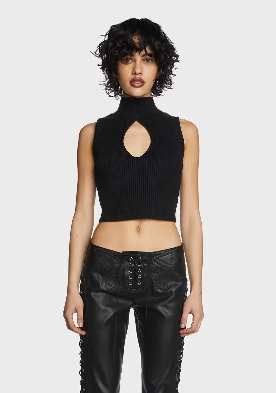 Budget Friendly Black Keyhole Mock Neck Crop Top