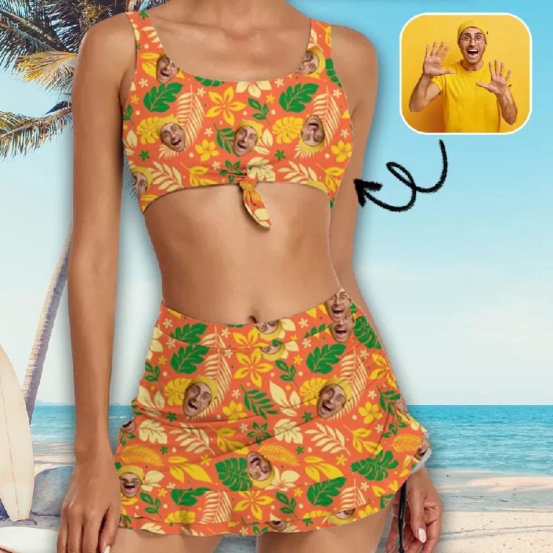 Inspired By You, Designed For You Custom Face Orange Flower and Leaves Bikini Set Personalized Drawstring Chest Strap Bikini Skirt