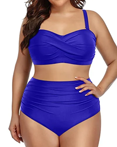 Timeless Elegance Redefined Twist-Front Plus Size High Waisted Bikini Set Bandeau Swimsuits For Women-Royal Blue