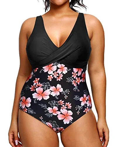 Enjoy Discount Plunge Deep V-Neck Plus Size Swimsuit For Women-Black Flower