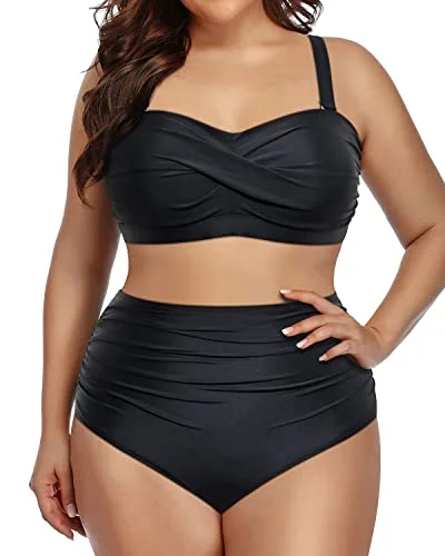 Trendy Styles Plus Size Tummy Control Two Piece Bathing Suits For Women-Black