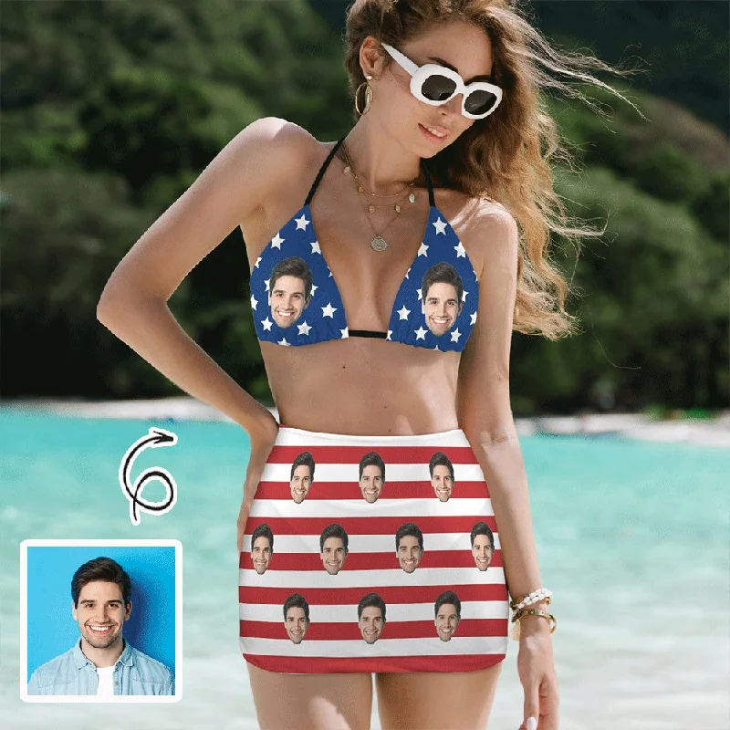 Trendy Pulse Custom Face American Flag Bikini Set Personalized Halterneck String Three-Pieces Bikini Skirts Set