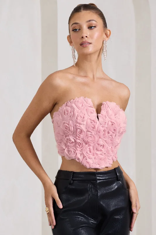 Casual Fashion Alicia | Blush Pink Floral Mesh Strapless Corset Top