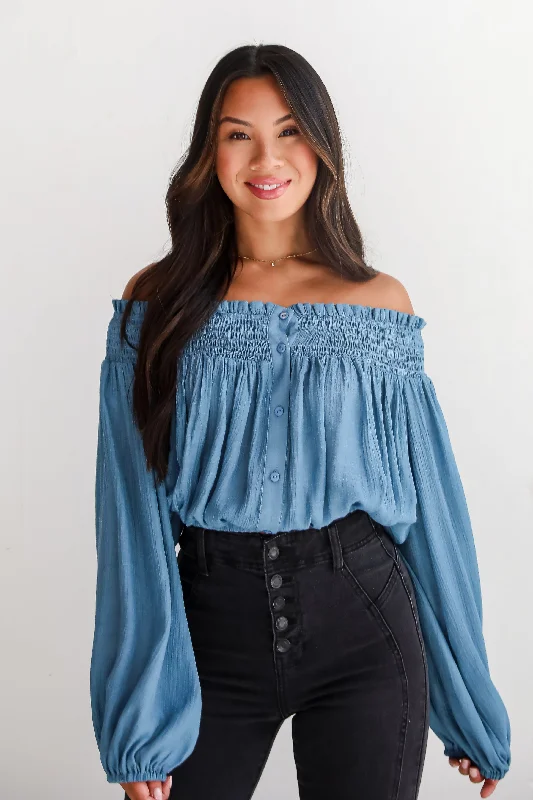 Casual Fashion Utterly Pretty Blue Off-The-Shoulder Cropped Blouse - DU DEAL