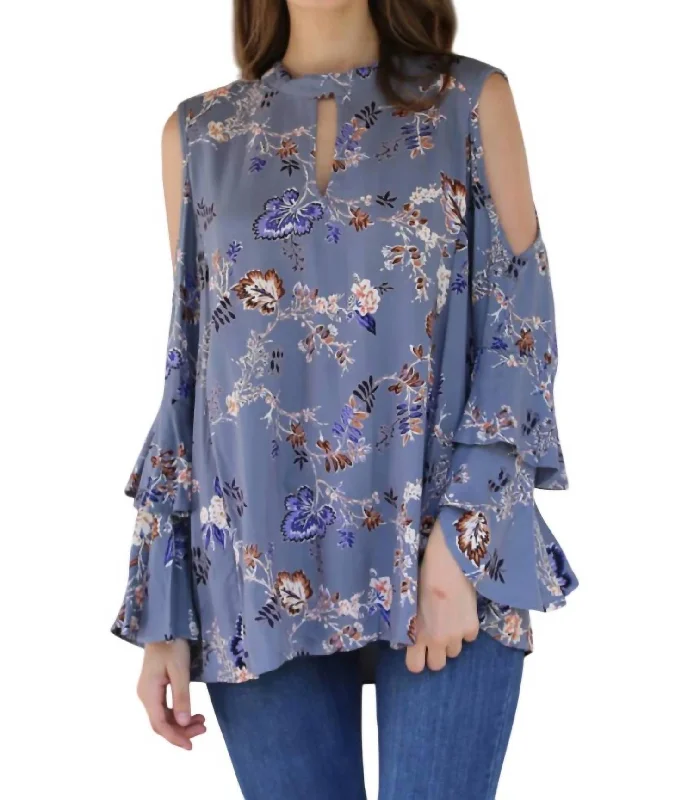 Limited Time Offer Jaquard Keyhole Cold Shoulder Top In Blue/grey