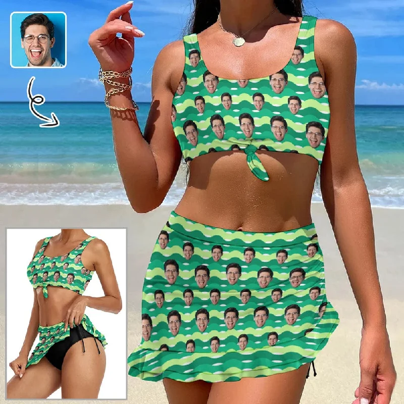 Style Upgrade Custom Face Green Bikini Set Personalized Drawstring Chest Strap Bikini Skirt