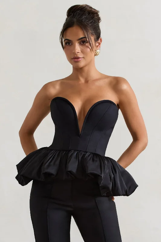 Graceful Fashion Huntley | Black Sweetheart Corset Top With Satin Puff Hem