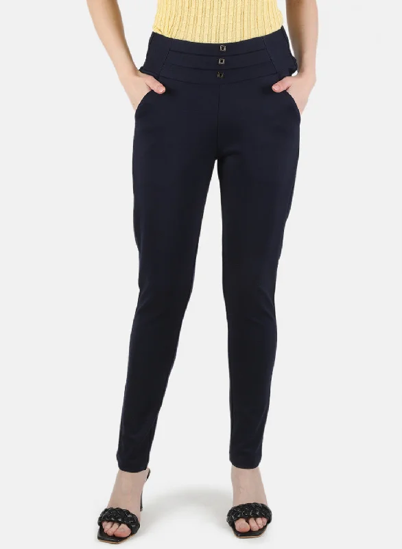 Contemporary Elegance Women Navy Blue Plain Jegging