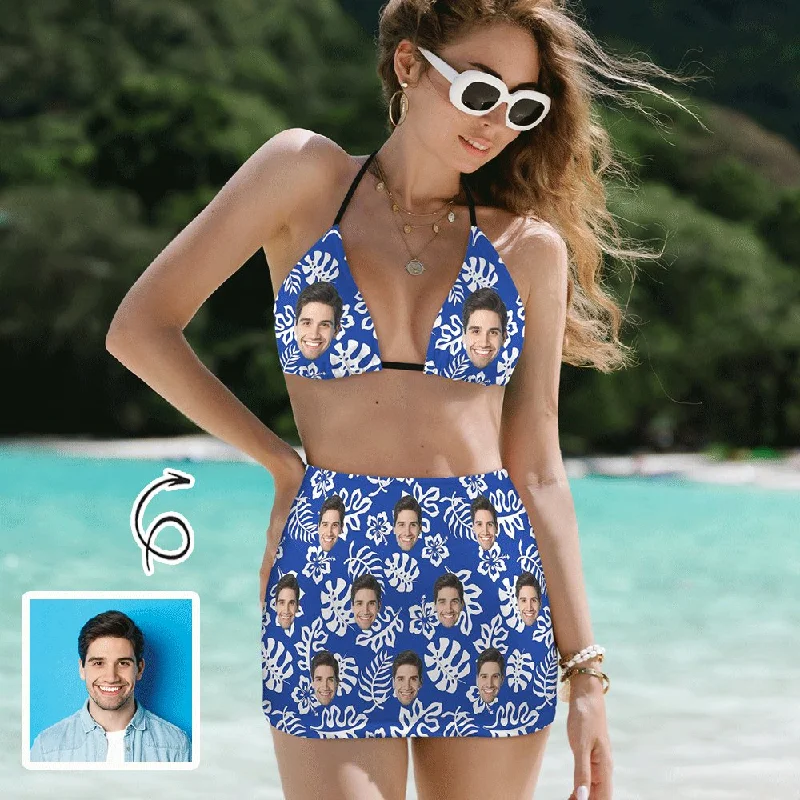 Graceful Movement Custom Face Blue Leaves Bikini Set Personalized Halterneck String Three-Pieces Bikini Skirts Set