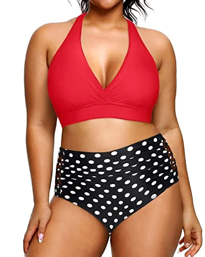 Insane Discount Onslaught High Waisted Two Piece Plus Size Halter Bikini Swimsuits For Curvy Women-Red Dot