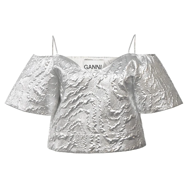 Fast Fashion Favorites Ganni Off-The-Shoulder Top in Metallic Silver Cotton Brocade