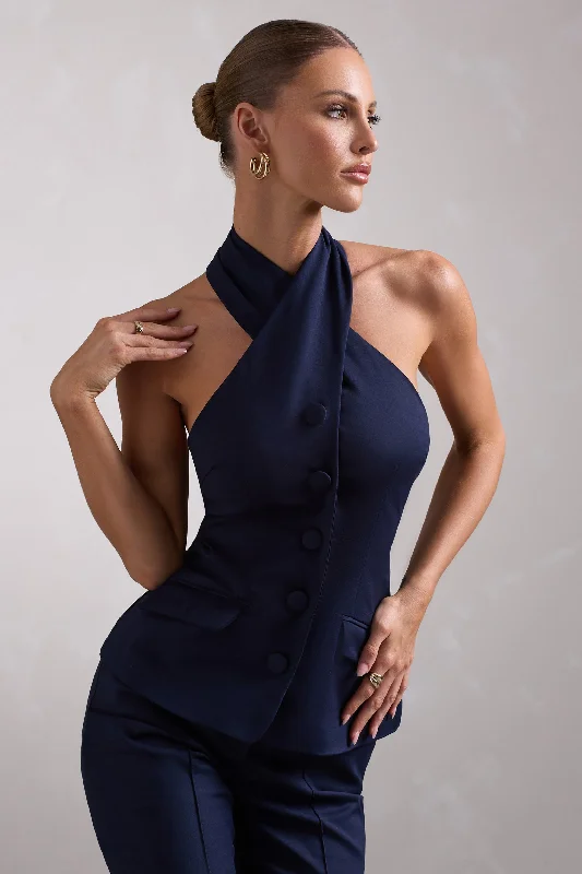 Spring Wardrobe Remi | Navy Cross Halter Neck Tailored Sleeveless Blazer Top