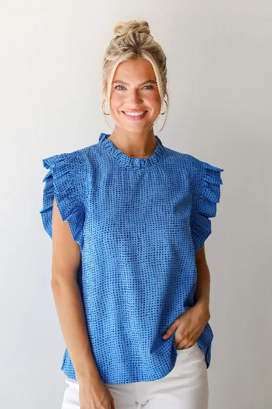 Spring Fashion Ever Trendy Blue Dotted Ruffle Sleeve Blouse