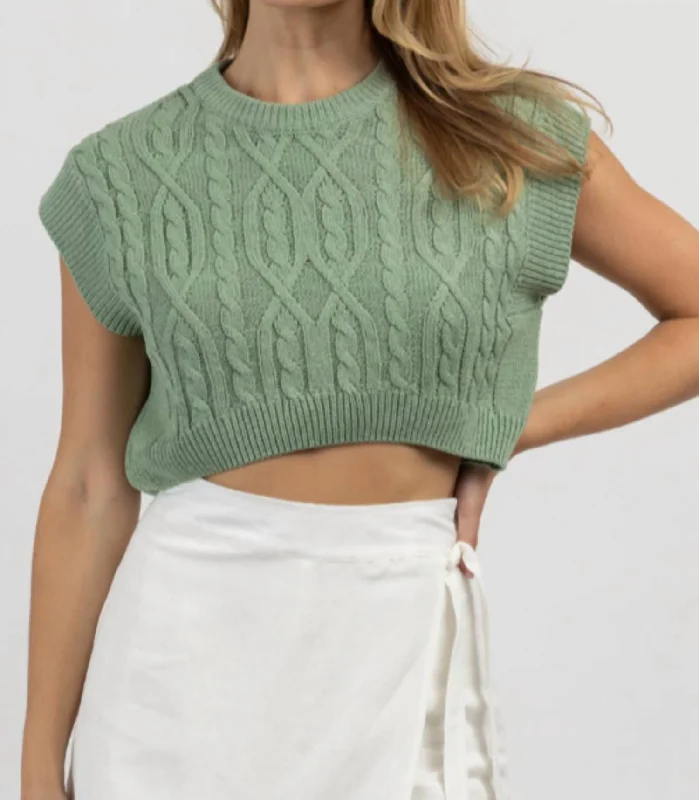 Contemporary Elegance Cableknit Nora Crop Tank In Sage