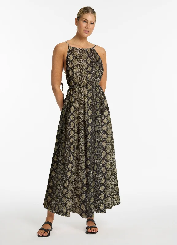 Hot Sale Python Backless Maxi Dress - Olive