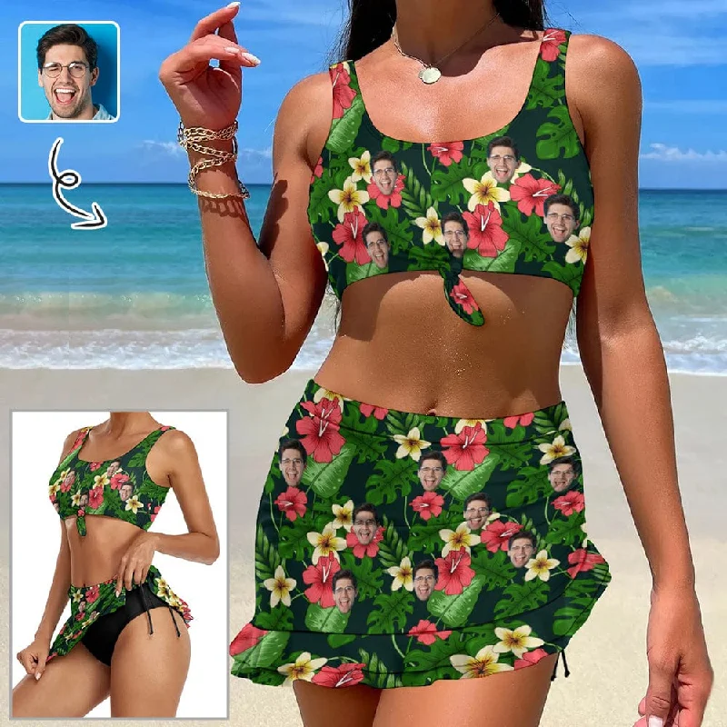 Stylish Spring Fashion Custom Face Tropical Flower Bikini Set Personalized Drawstring Chest Strap Bikini Skirt