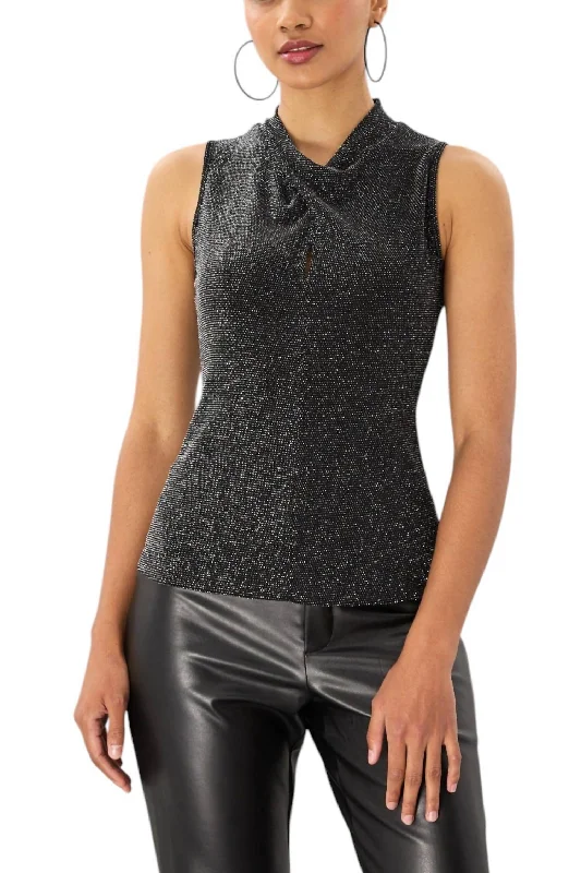 Trendy Aesthetics Lurex Jersey Twist Front Sleeveless Top In Black Shimmer