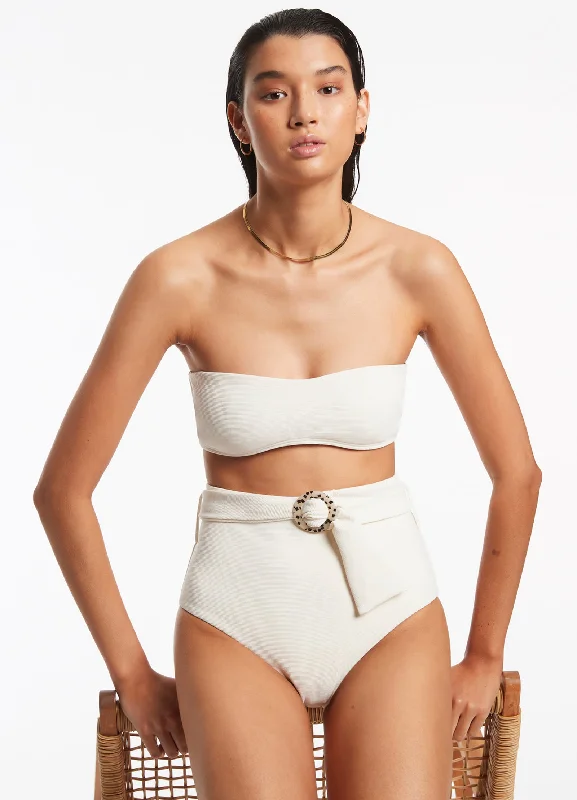 Elegant Contour Isla Rib Belted High Waisted Bikini Bottom - Cream