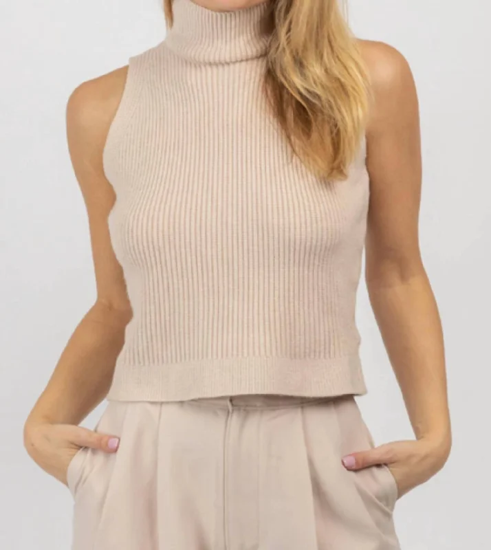 Rocker Chic Fashion Mock Neck Knit Tank In Light Taupe