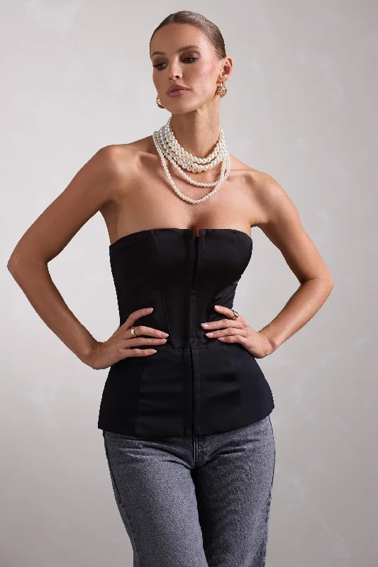 Elegant Styles Illusive | Black Satin-Blend Strapless Panelled Corset Top