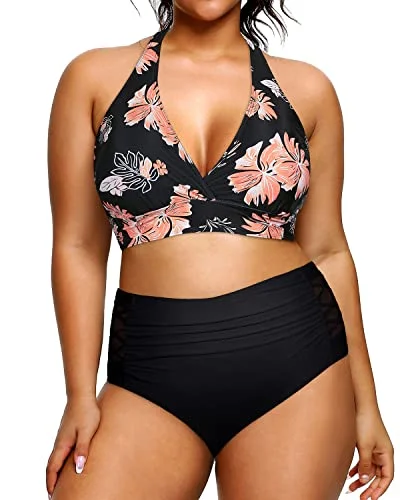 Chic Trends For The Fashion Savvy Women's Full Coverage Two Piece Plus Size Bikini Swimsuit-Black Orange Floral