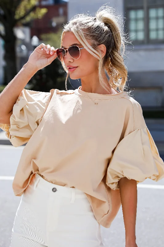 Ride The Style Wave Own The Moment Taupe Contrast Puff Sleeve Top