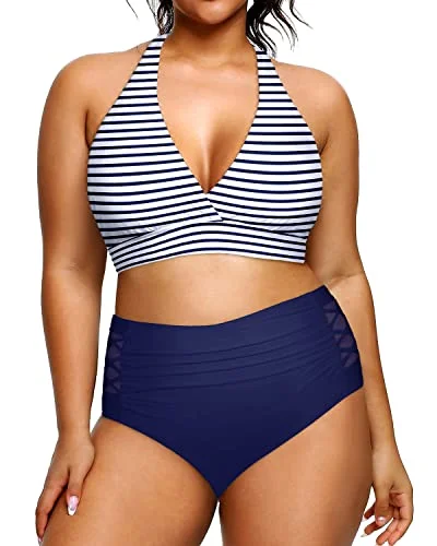 Top Brand Discounts High Waisted Plus Size Swimsuits Ruched Bottoms For Curvy Women-Blue White Stripe