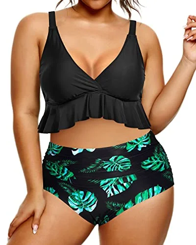 Trendy Threads High Rise Flounce Bikini Top And High Waisted Swimsuit Bottom-Black Leaf