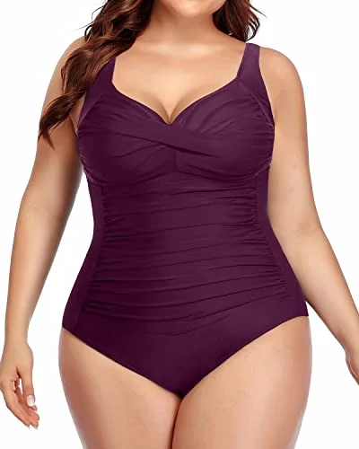 Vintage Style Clothing Sale Twist Front Ruched Cross Swimsuits For Curvy Women-Maroon