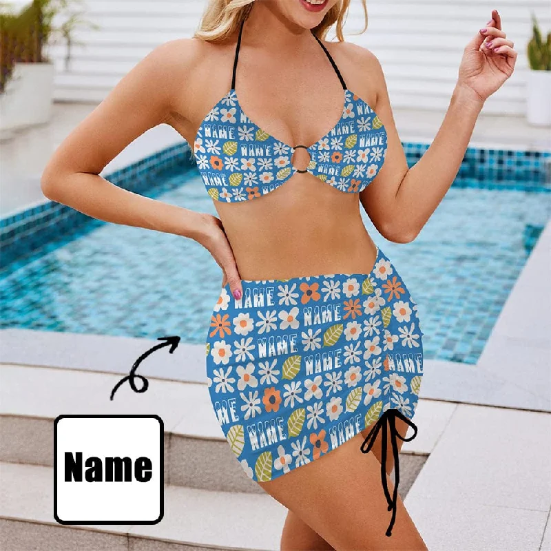 Clearance Event Custom Name Bikini Set Personalized Women's Drawstring Halterneck Three-Piece Swimsuit Skirt