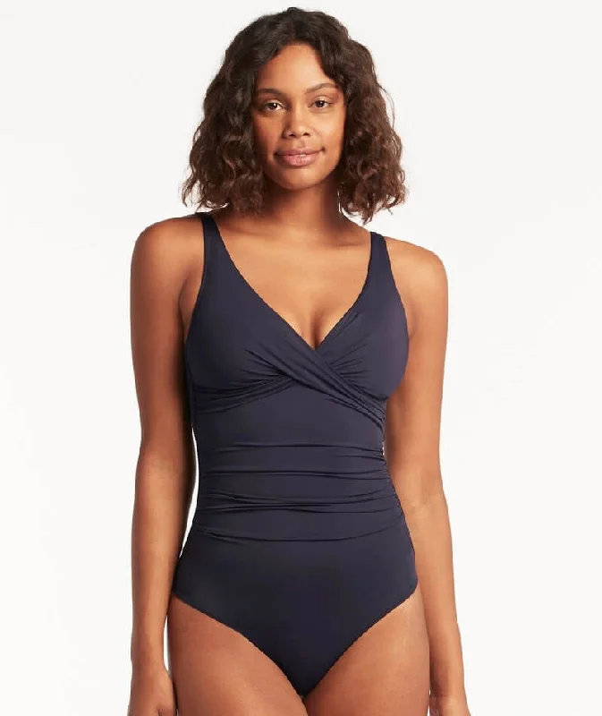 Relaxed Fashion Sea Level Eco Essentials Cross Front A-DD Cup One Piece Swimsuit - Night Sky Navy