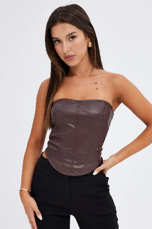 Spring Fashion Brown Corset Sleeveless Strapless Longline Faux Leather