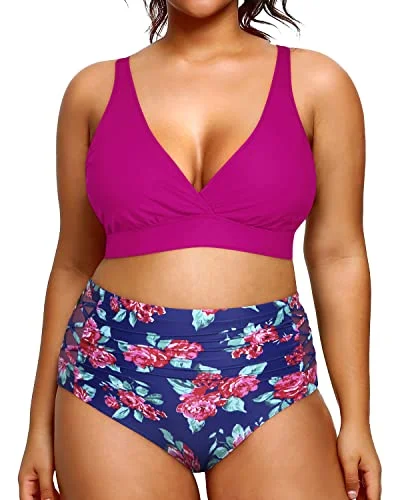 Vintage Inspired Fashion Sale Sexy V Neck High Waisted Plus Size Bikini Bathing Suits-Pink Floral