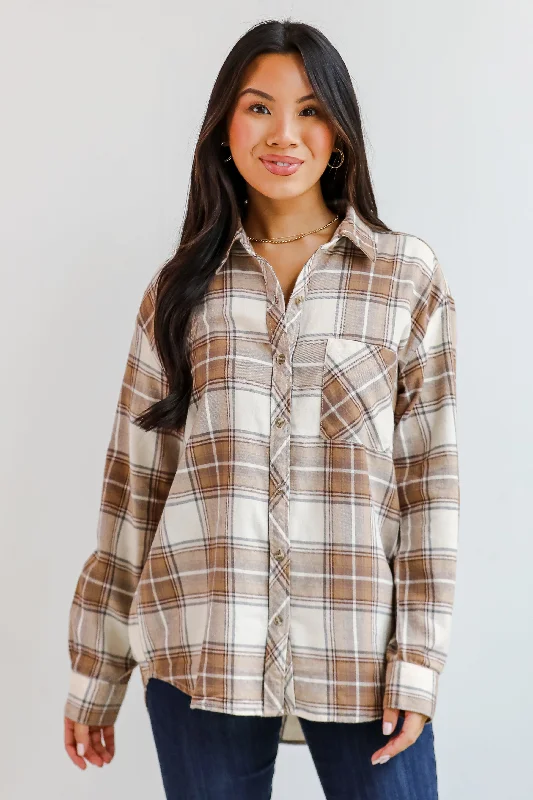 Chic Styles FINAL SALE - Charmed Appeal Taupe Plaid Flannel