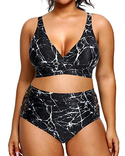 Travel Essentials Women's Plus Size Two Piece Bikini Swimsuits High Waisted Tummy Control-Black Marble