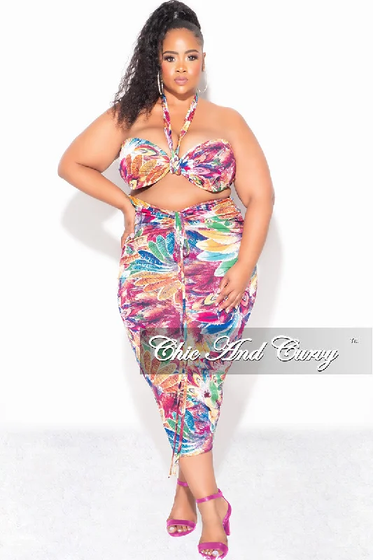 Pastel Styles Final Sale Plus Size 2pc Halter Top and Ruched Skirt Set in Floral Multi Color Print Summer