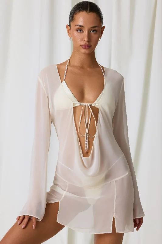 Weekend Special Pearl-Detail Cowl-Neck Micro Mini Dress in Pearl White