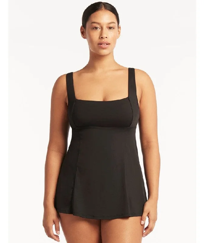 Trend Leading Collection Sea Level Eco Essentials Square Neck Swim Dress - Black