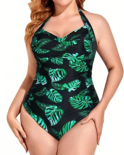 The Good Stuff Women's Backless Style Plus Size One Piece Swimsuit-Black And Green Leaf