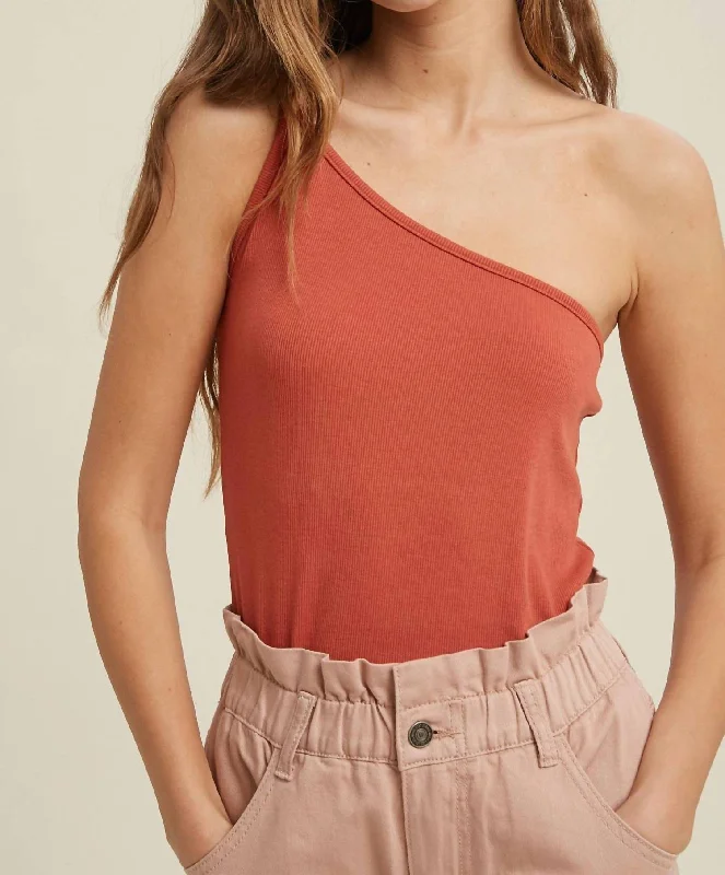 Beat The Heat In Tropical Styles Ribbed One Shoulder Top In Brick