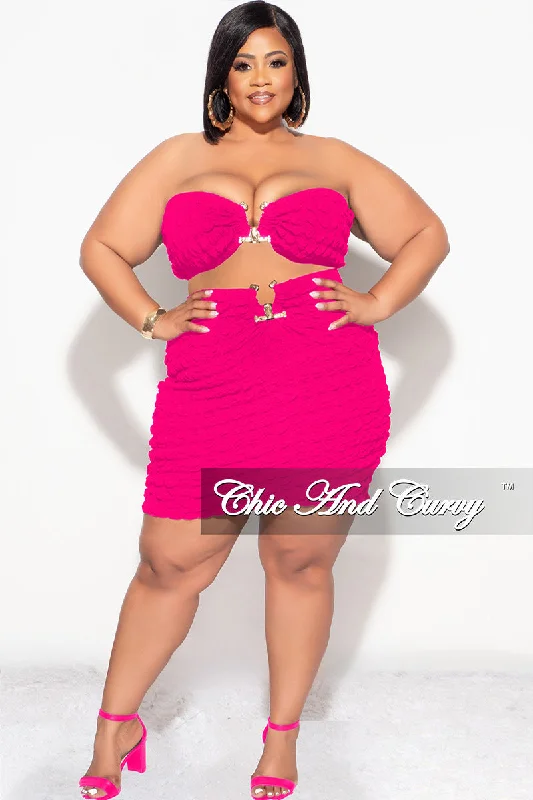 Flash Sale Final Sale Plus Size 2pc Honeycomb Texture Strapless Top and Skirt Set in Fuchsia